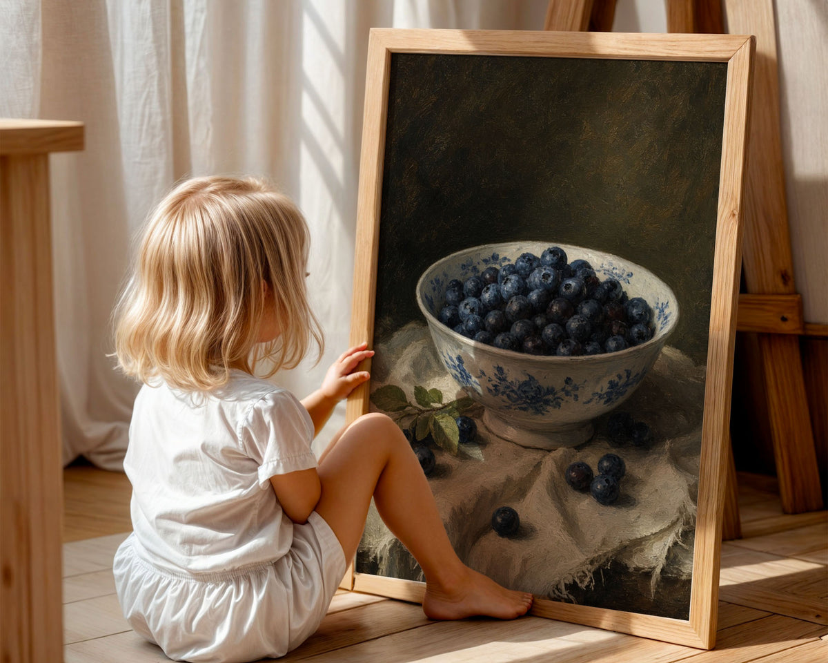 A4 Nursery Print - Classic still life artwork featuring blueberries in decorative ceramic bowl