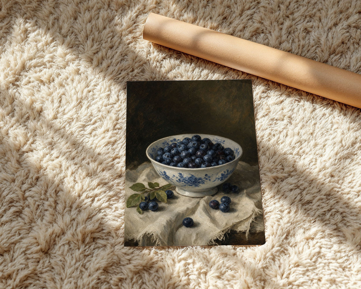 A4 Nursery Print - Detailed blueberry and leaves composition on warm ochre background