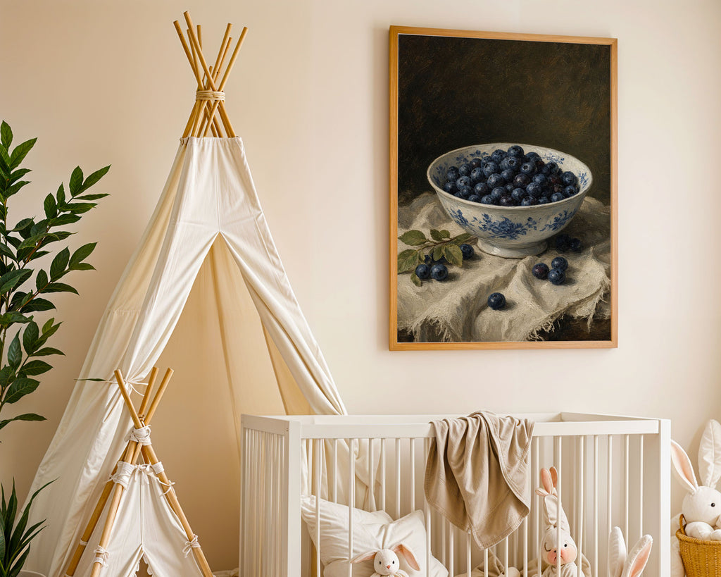 A4 Nursery Print - Vintage-style fruit print with blue and white pottery bowl centerpiece