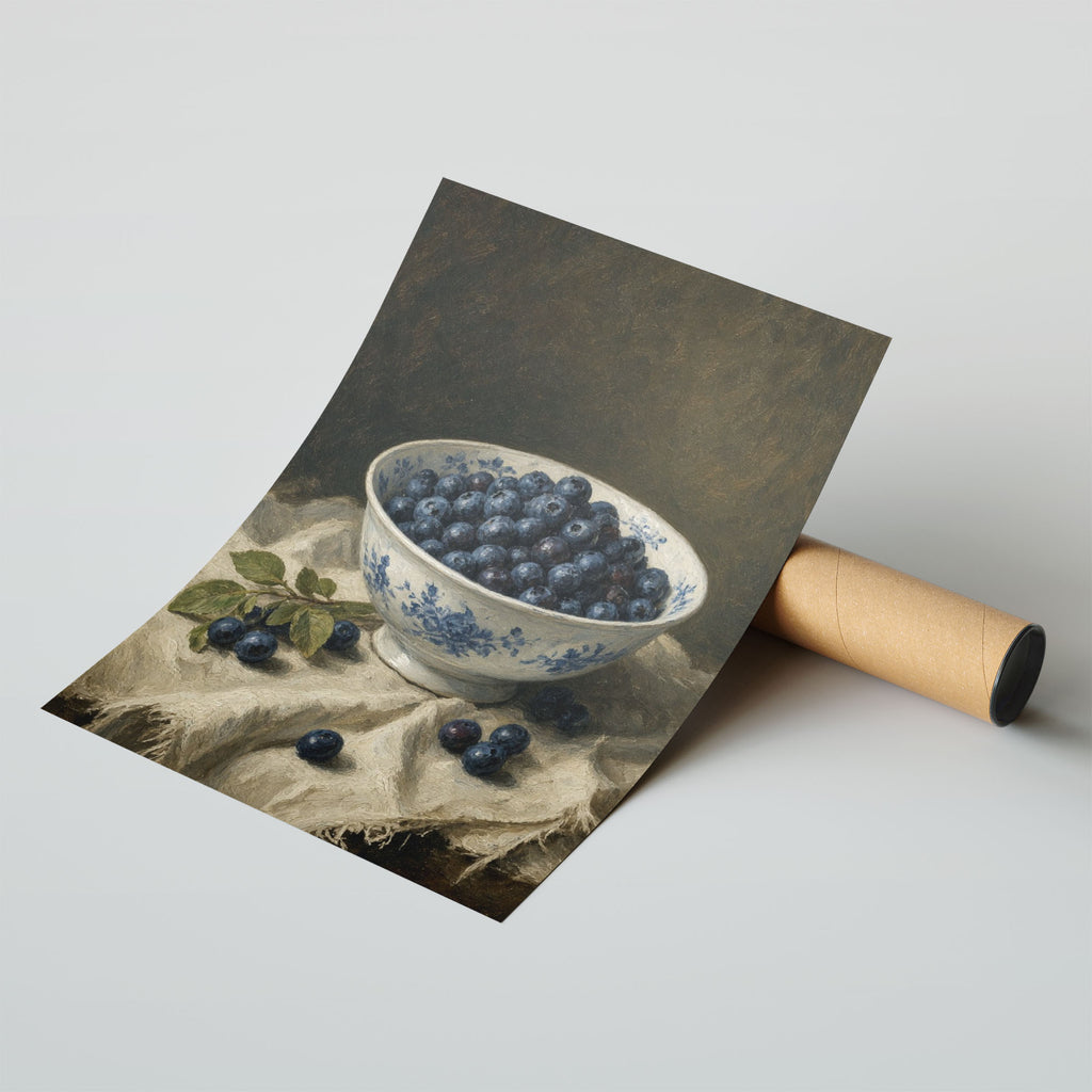 A4 Nursery Print - Soft botanical artwork showing scattered blueberries and green foliage
