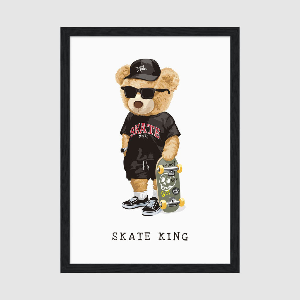 A-Sized Prints Nursery - Golden teddy bear Skate King illustration on soft grey background