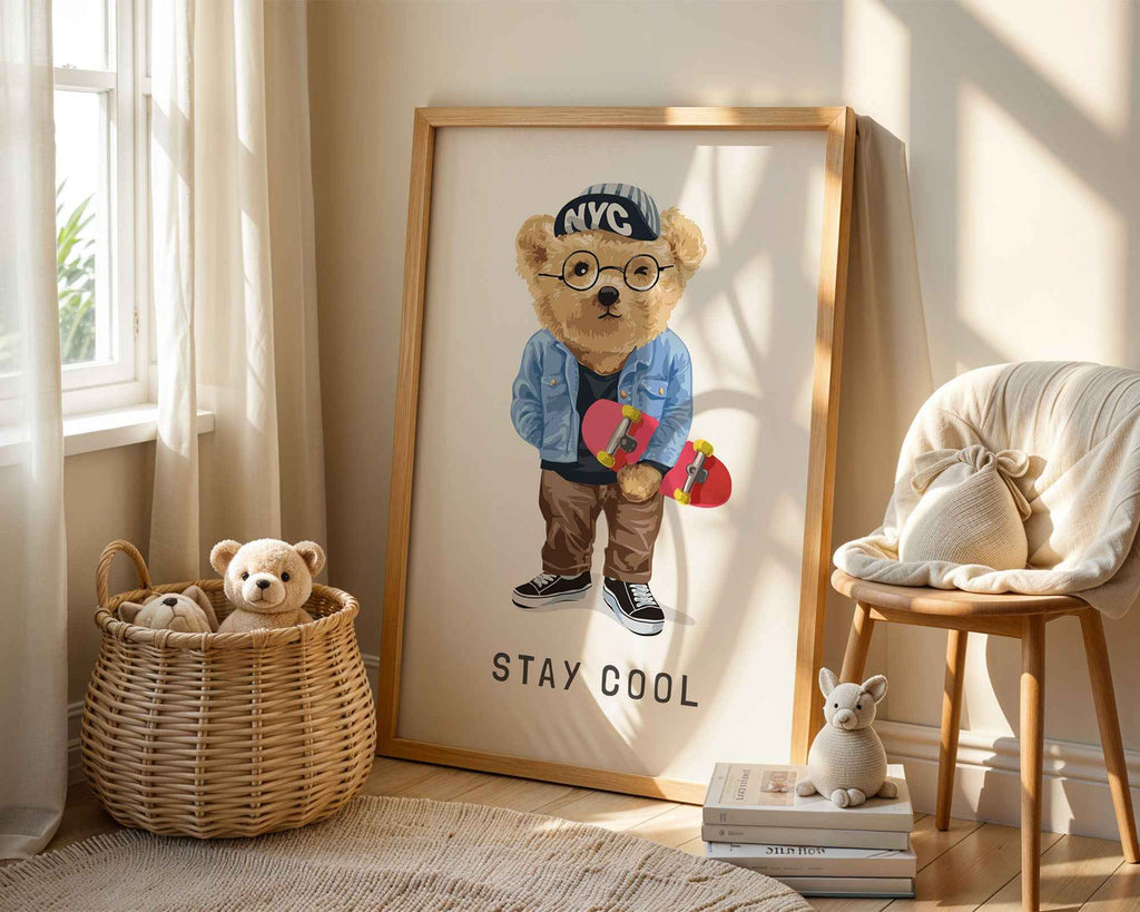 Stay Cool Skateboard Bear Print - Fun Kids Wall Art