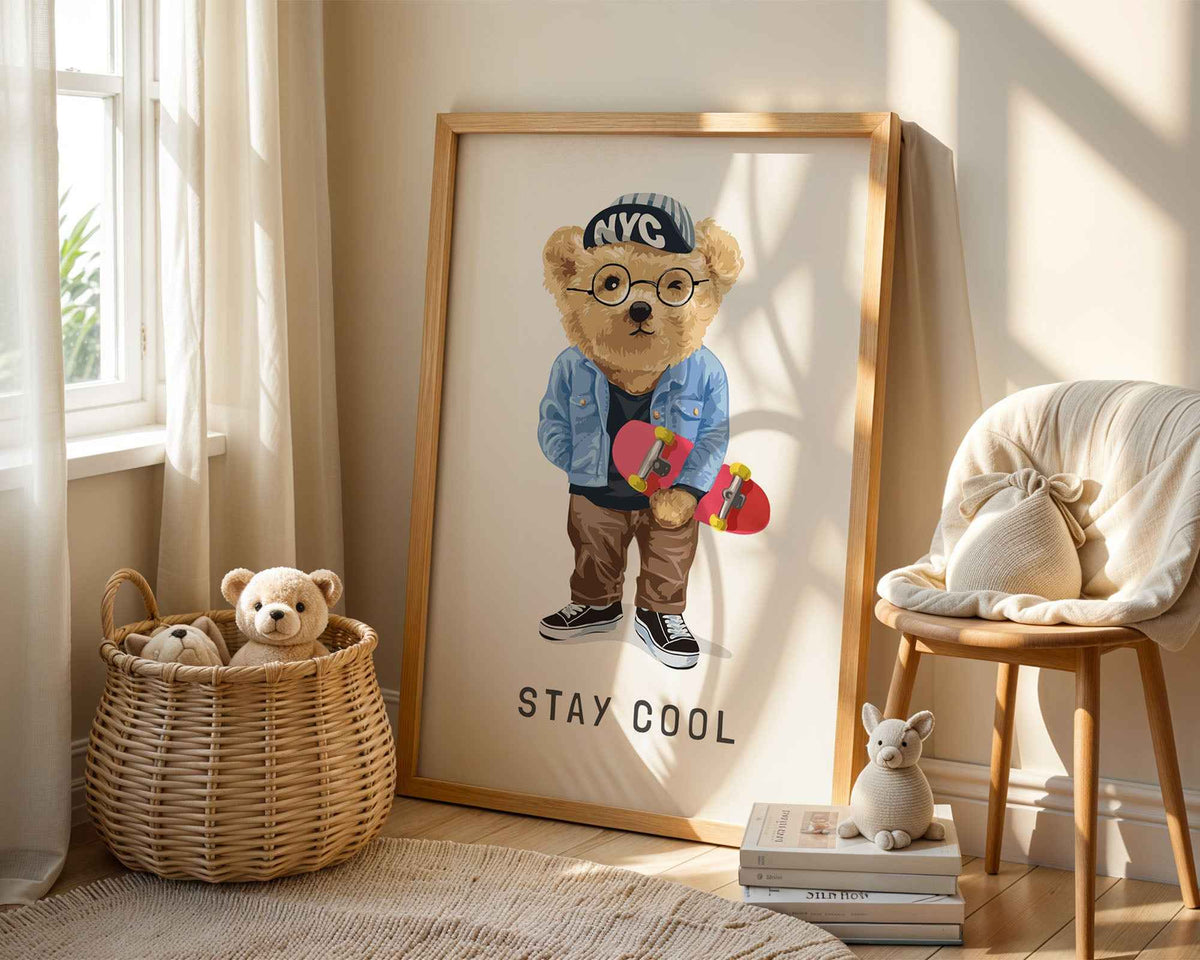 Stay Cool Skateboard Bear Print - Fun Kids Wall Art