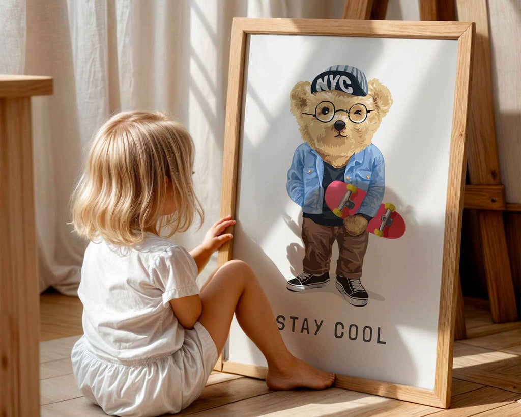 Stay Cool Skateboard Bear Print - Fun Kids Wall Art