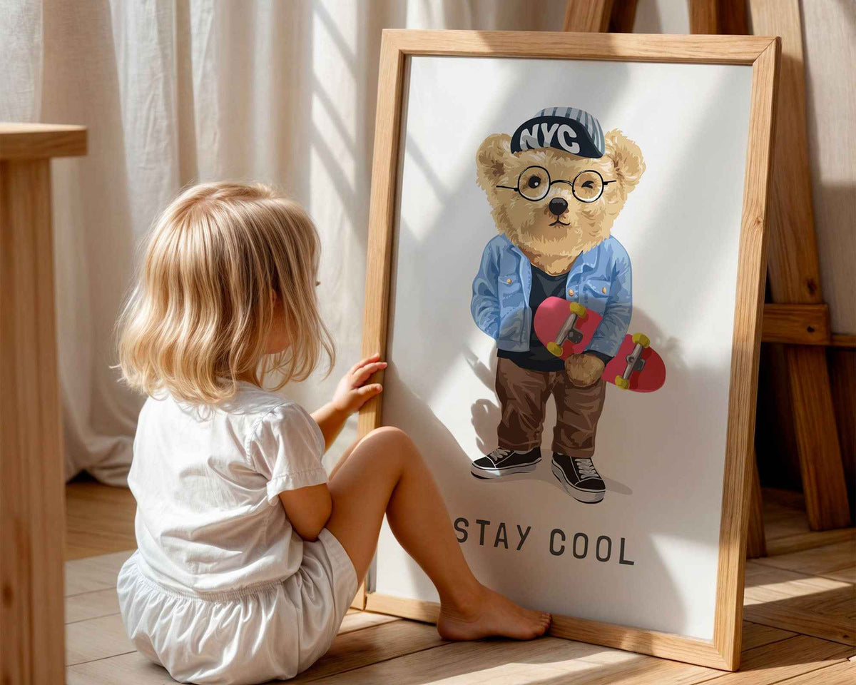Stay Cool Skateboard Bear Print - Fun Kids Wall Art