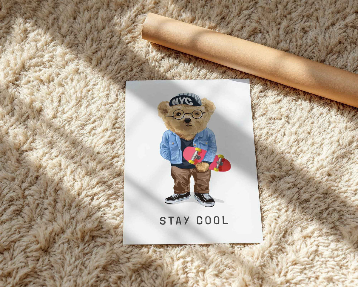 Stay Cool Skateboard Bear Print - Fun Kids Wall Art