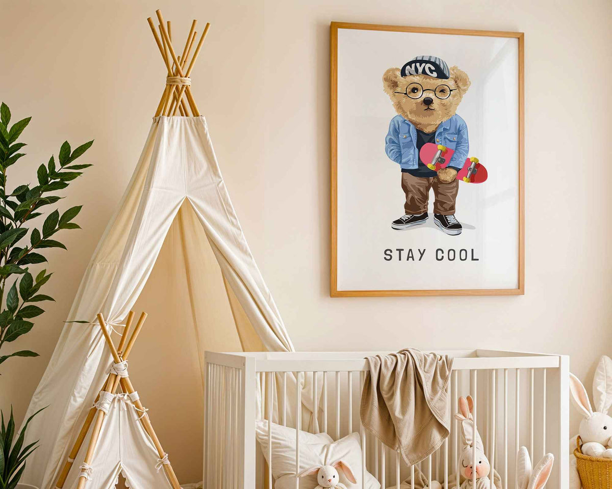 Stay Cool Skateboard Bear Print - Fun Kids Wall Art