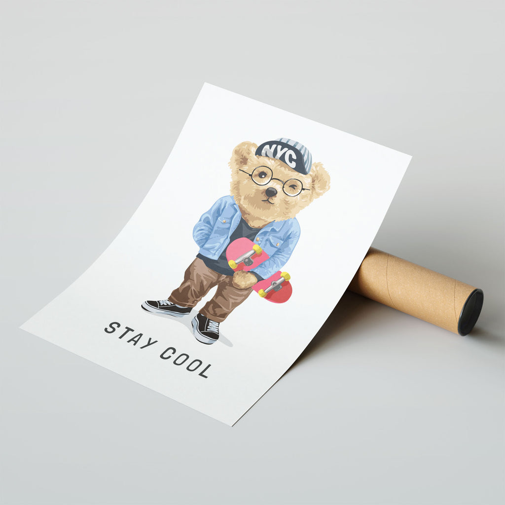 A-Sized Print Nursery - Cool bear illustration with glasses, cap and red skateboard poster
