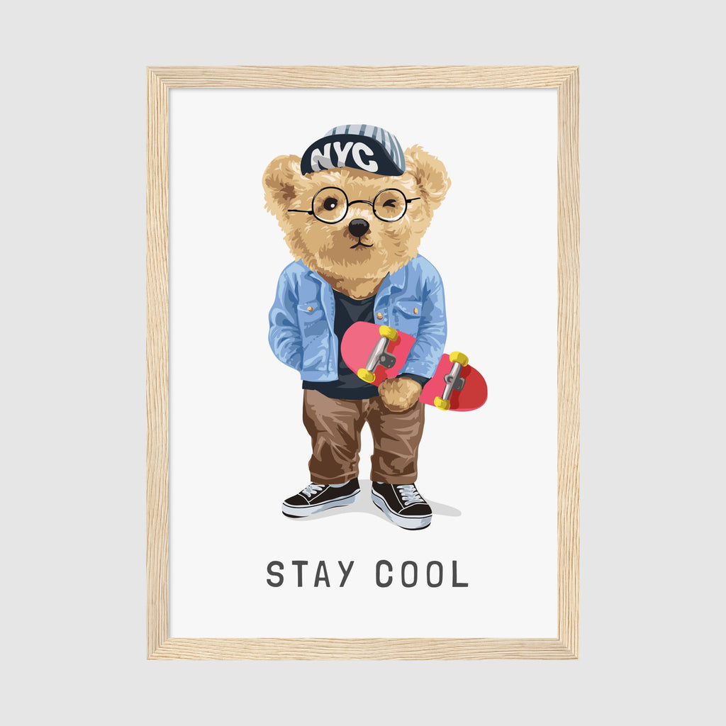 A-Sized Print Nursery - Playful teddy bear art with stay cool message on white background