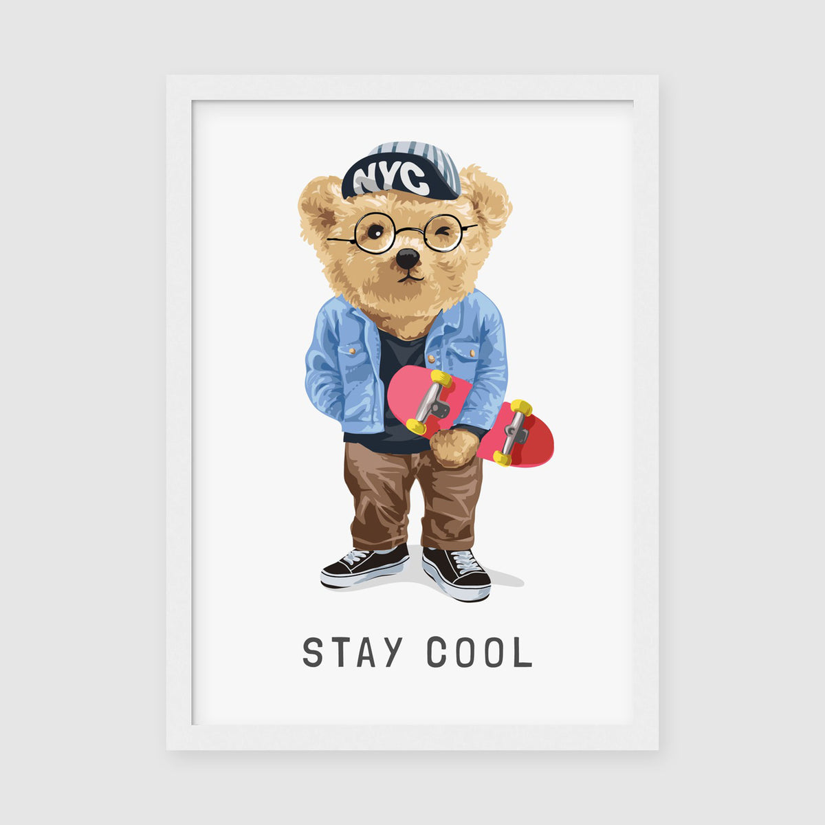 A-Sized Print Nursery - Trendy skateboard bear character in denim for children's bedroom