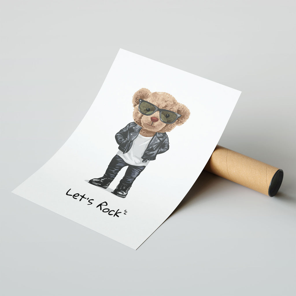 A-Sized Nursery Print - Charming rockstar teddy bear artwork with sunglasses and 'Let's Rock' text