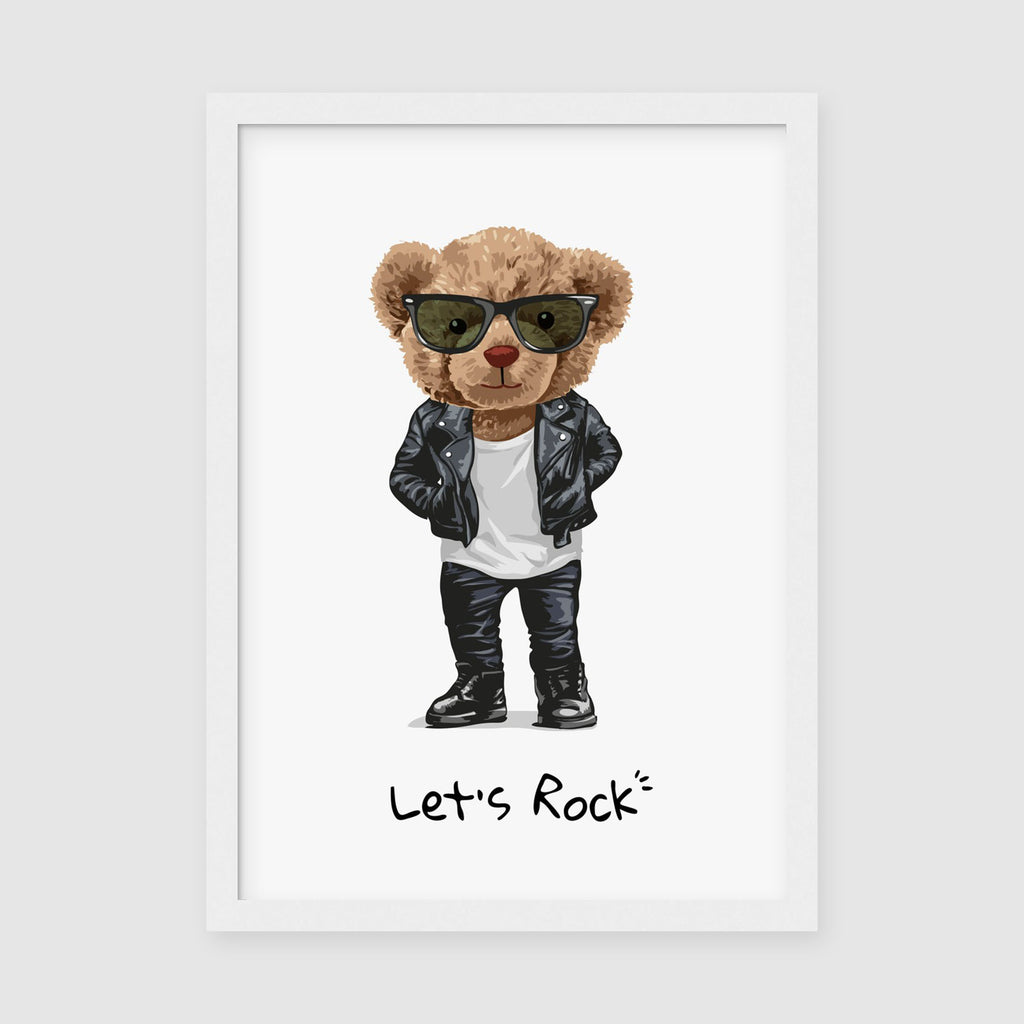 A-Sized Nursery Print - Cute teddy bear in cool outfit with sunglasses and 'Let's Rock' message