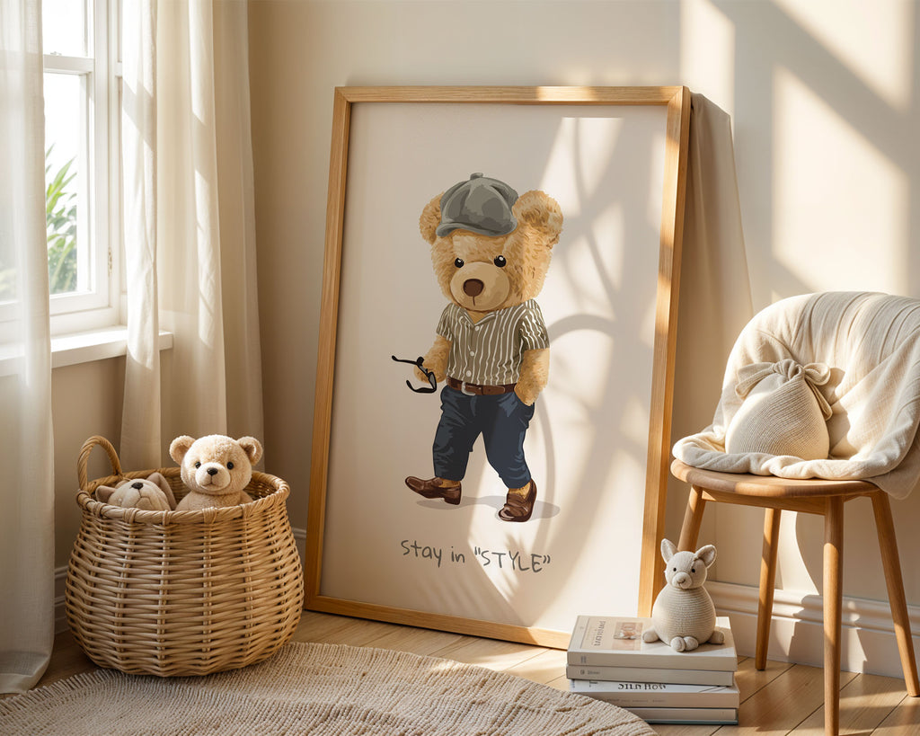 A-Sized Prints Nursery - Golden teddy bear wearing striped shirt and flat cap with walking stick on matte poster