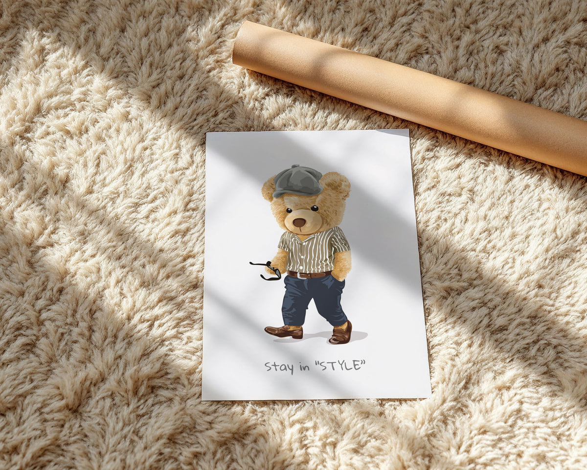 A-Sized Prints Nursery - Framed illustration of fashionable bear in navy trousers and brown shoes