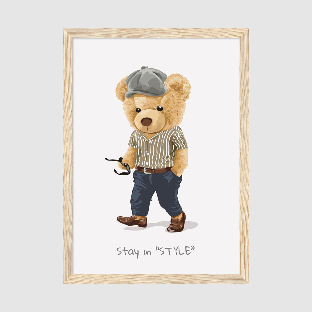 A-Sized Prints Nursery - Kids bedroom poster of stylish bear in grey cap and pinstriped shirt