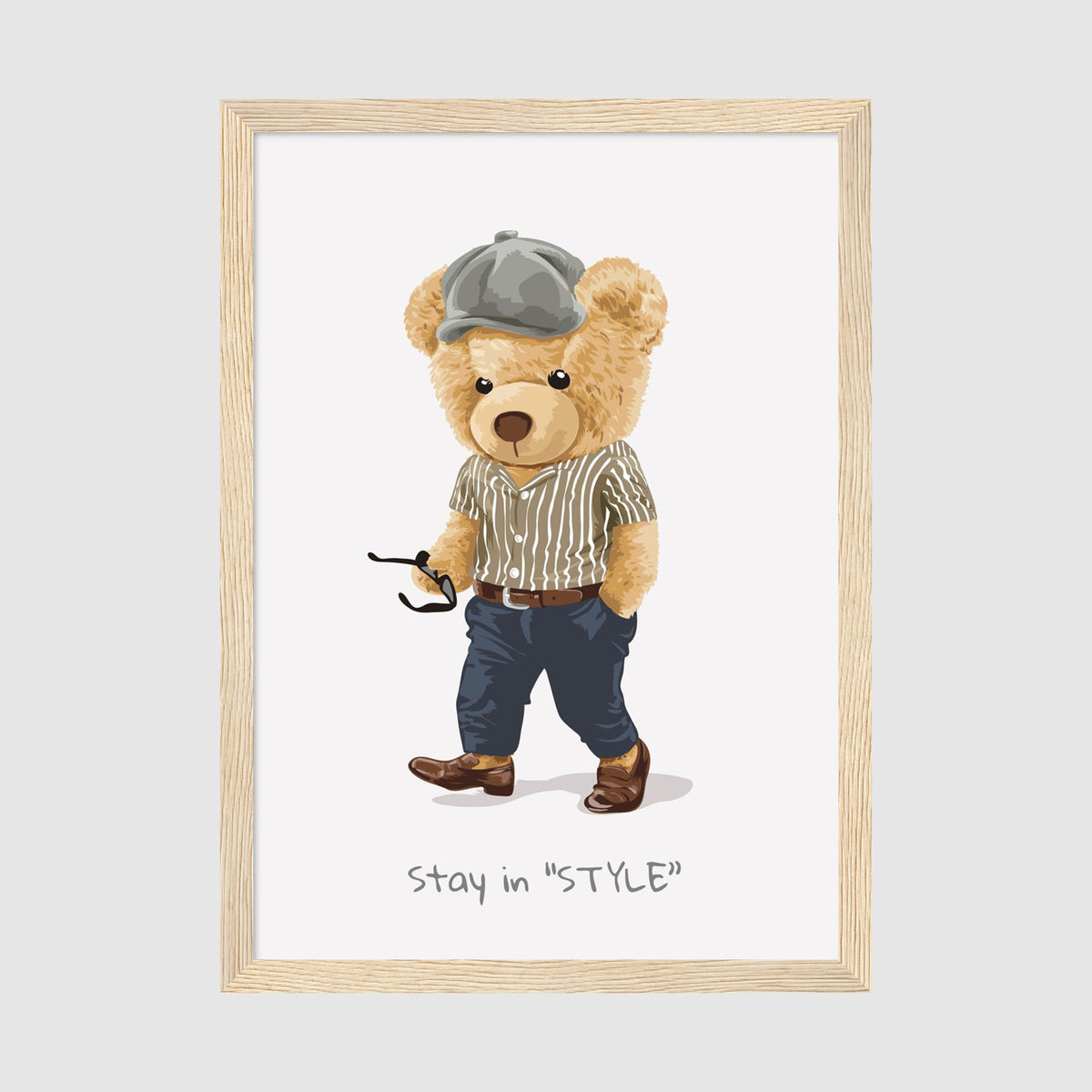 A-Sized Prints Nursery - Kids bedroom poster of stylish bear in grey cap and pinstriped shirt