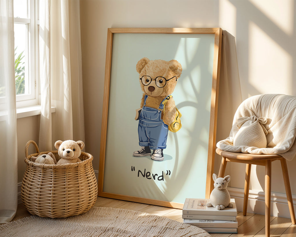 A-Sized Print Nursery - Cartoon bear wearing glasses and denim dungarees on pale blue background
