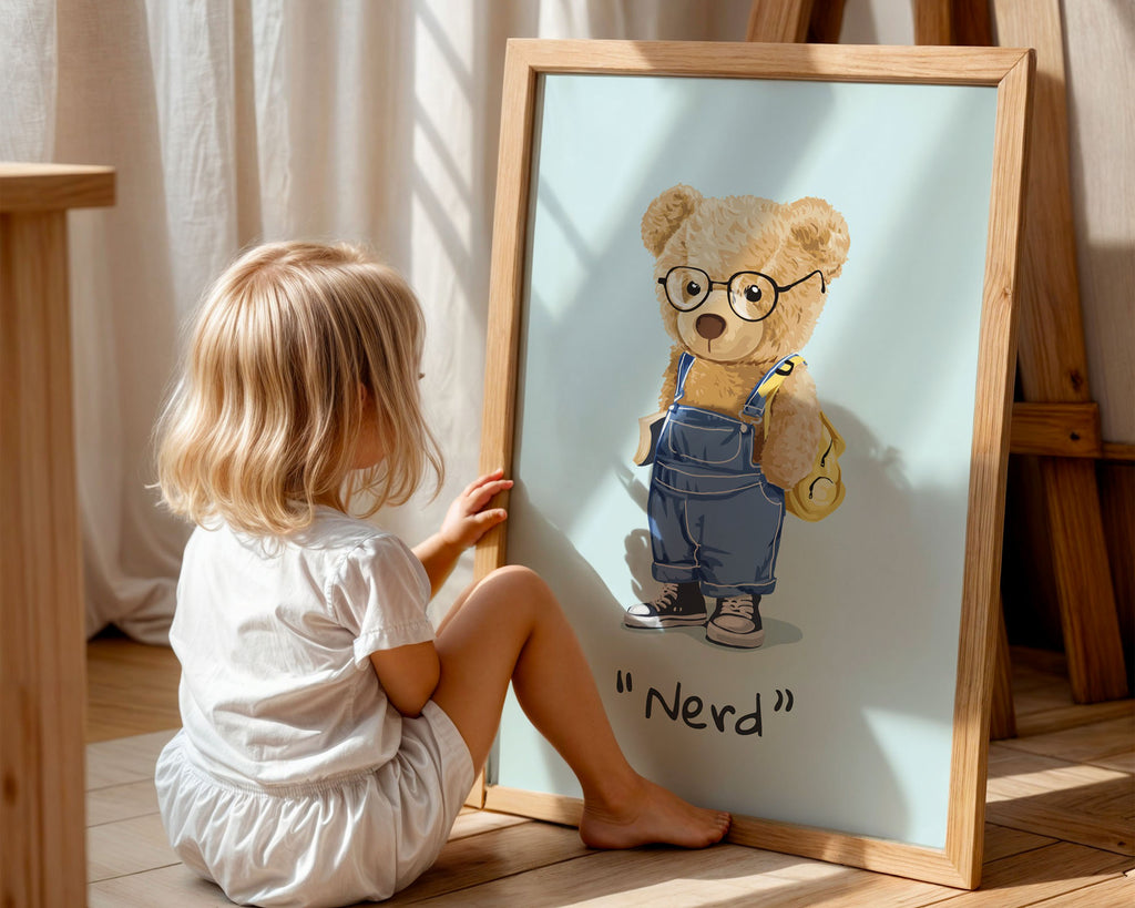A-Sized Print Nursery - Cute teddy bear character with round spectacles holding yellow backpack