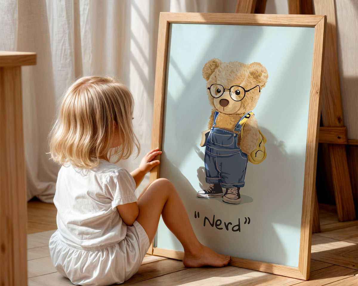 A-Sized Print Nursery - Cute teddy bear character with round spectacles holding yellow backpack
