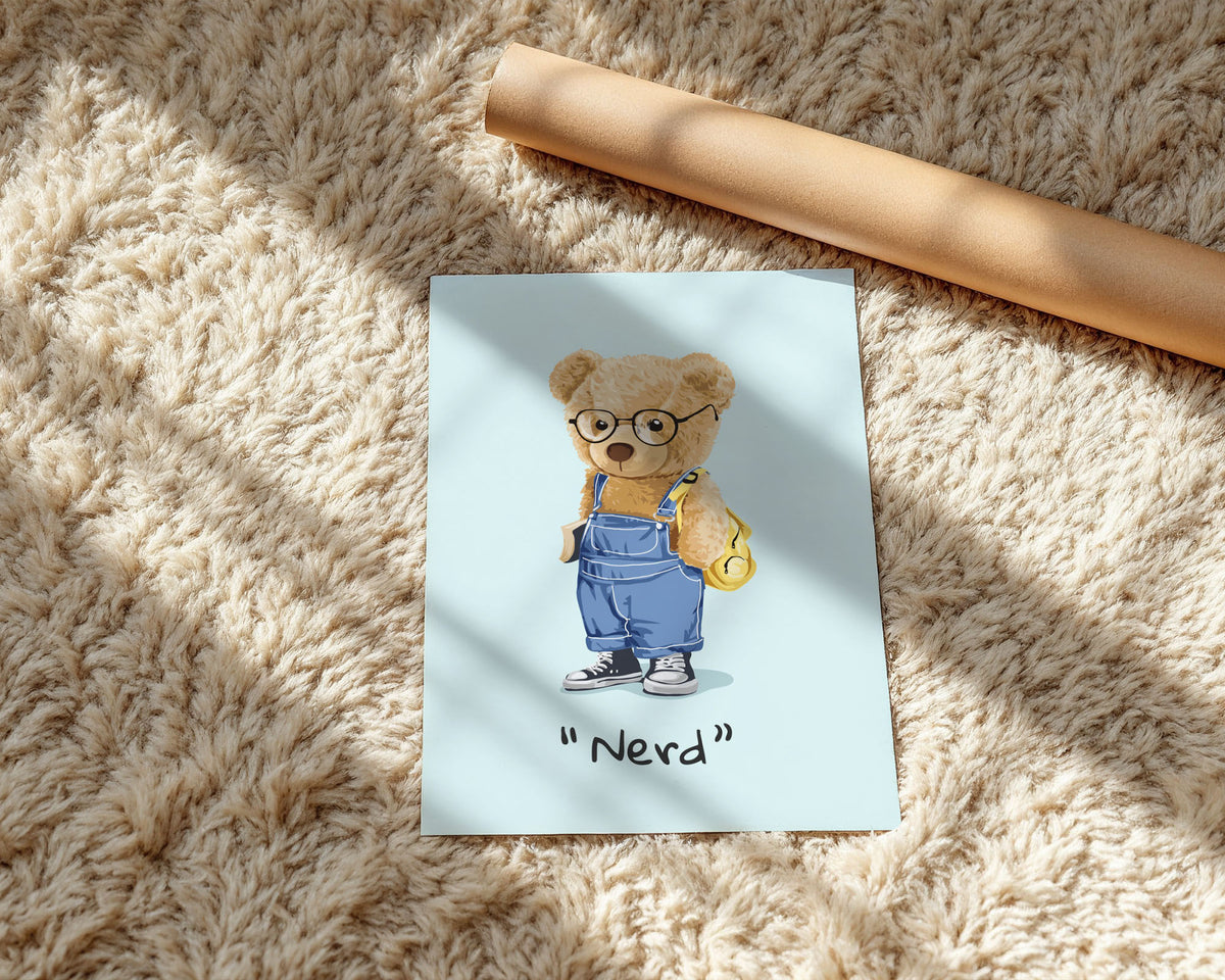 A-Sized Print Nursery - Fluffy cream bear in casual outfit standing on soft blue backdrop