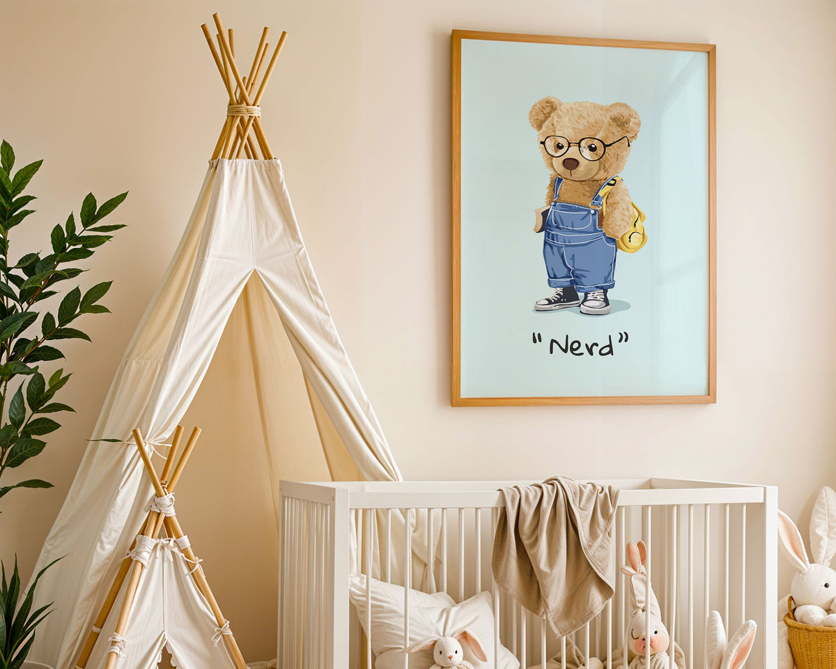 A-Sized Print Nursery - Nerdy bear illustration with glasses and overalls for children's rooms