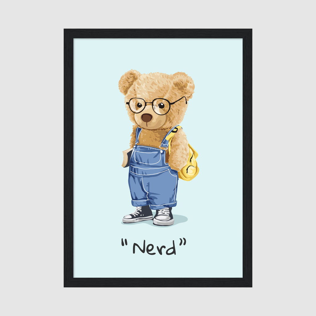 A-Sized Print Nursery - Cute bear with backpack and glasses on calming pale blue print