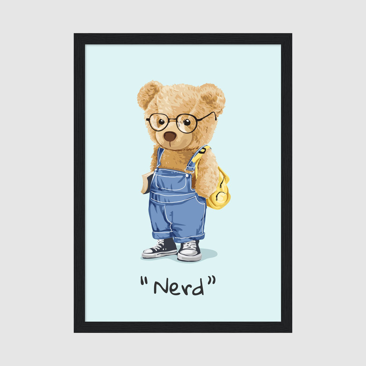 A-Sized Print Nursery - Cute bear with backpack and glasses on calming pale blue print