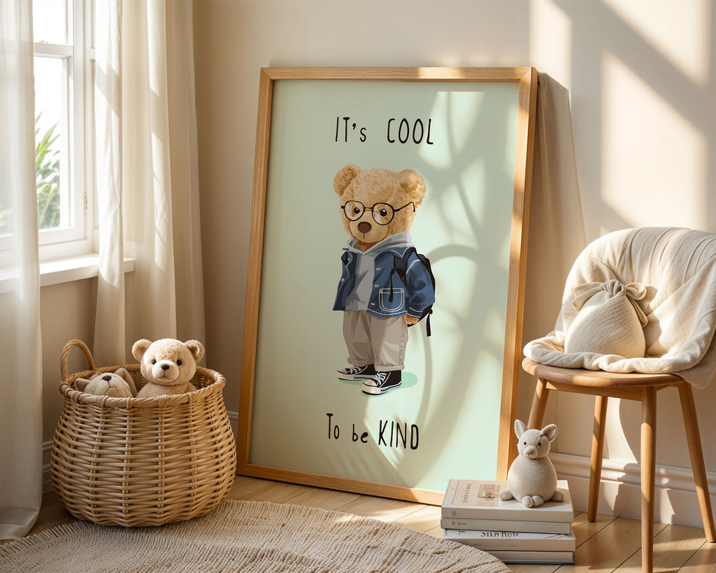 A-Size Poster - Illustrated teddy bear in glasses and blue jacket with 'It's Cool To be Kind' text on pale green background