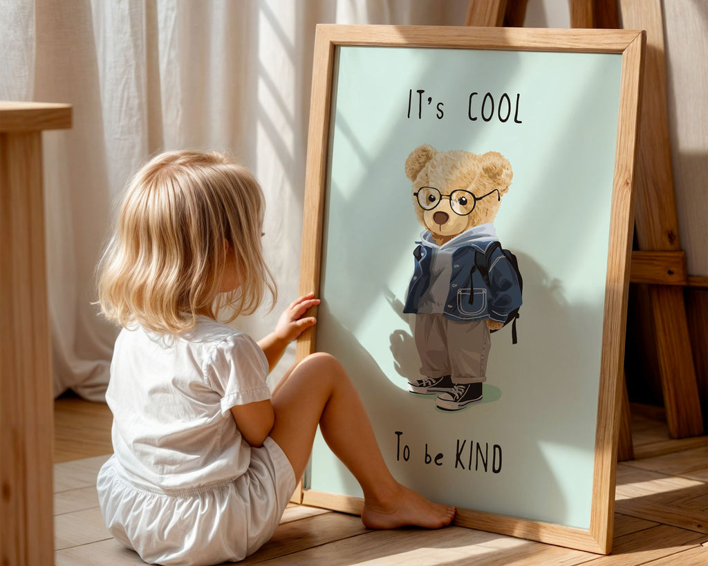 A-Size Poster - Cute bear character wearing oversized spectacles and casual clothing on soft mint-coloured print