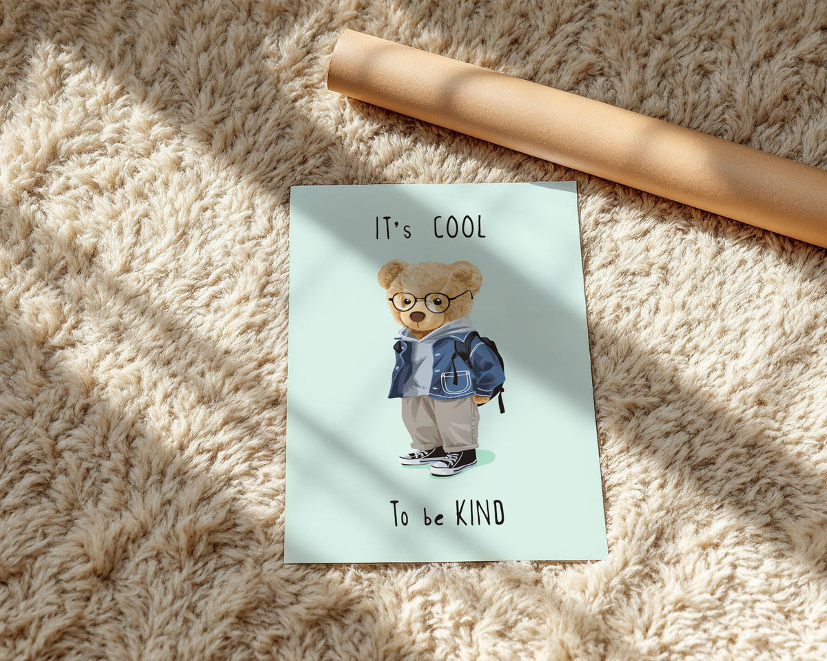 A-Size Poster - Friendly teddy illustration with backpack in calming pale green and blue colour palette
