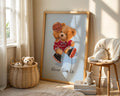 A-Sized Print Nursery - golden teddy bear in crimson basketball jersey jumping with ball on head