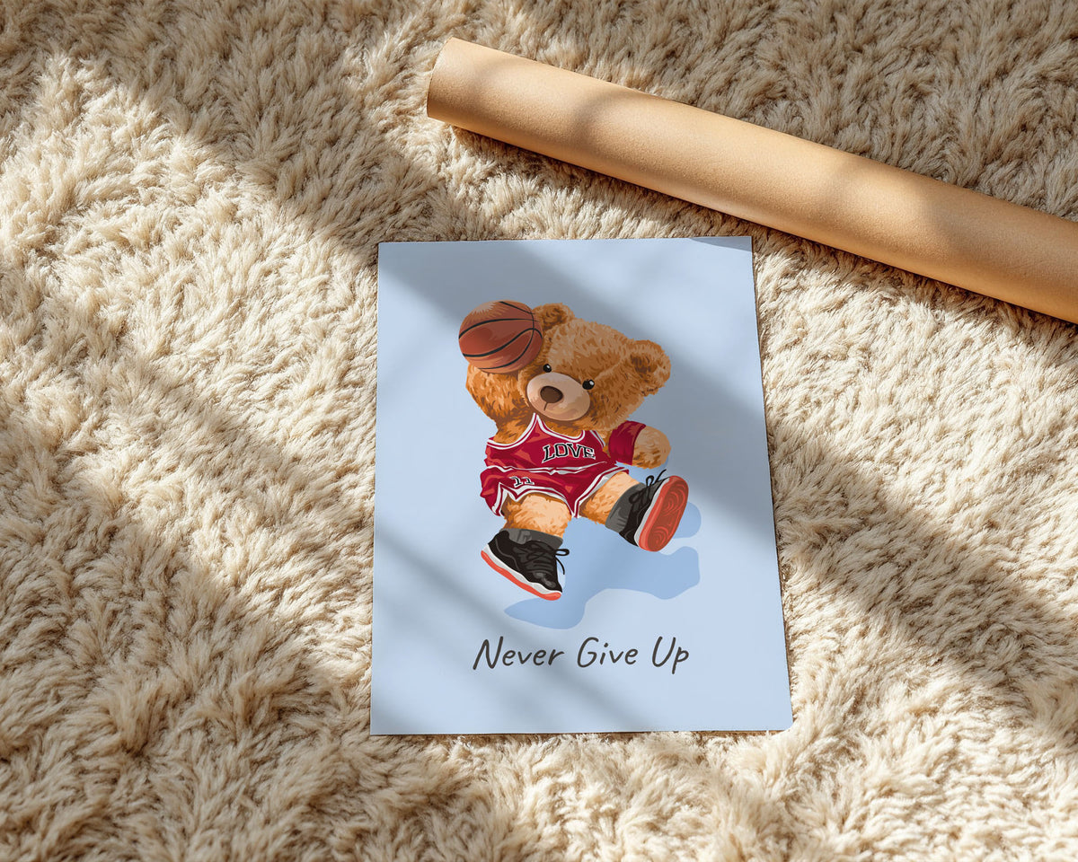 A-Sized Print Nursery - full illustration showing bear in action pose with 'Never Give Up' text below