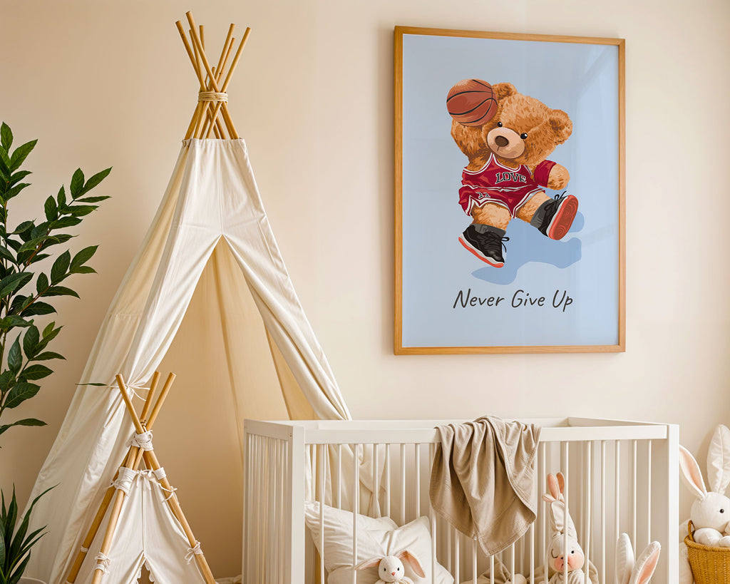 A-Sized Print Nursery - bear wearing black and coral trainers with basketball kit detail visible