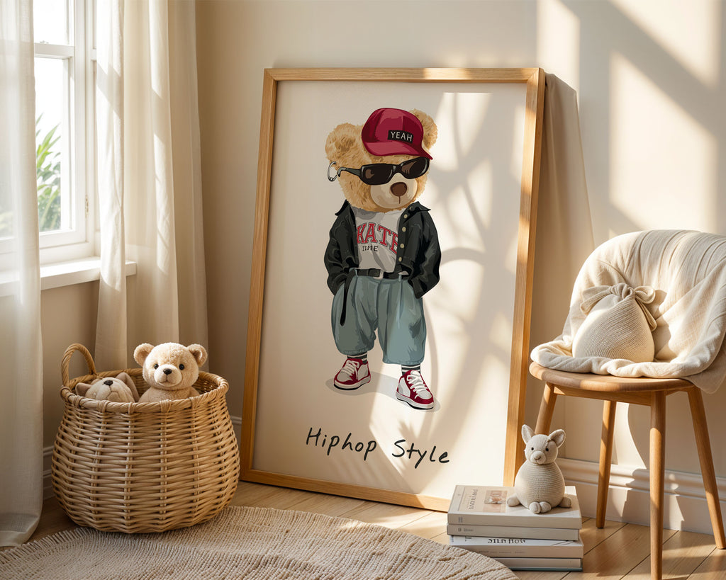 A4 Poster - Tan teddy bear wearing burgundy cap, sunglasses, black jacket, and blue trousers in hip hop style