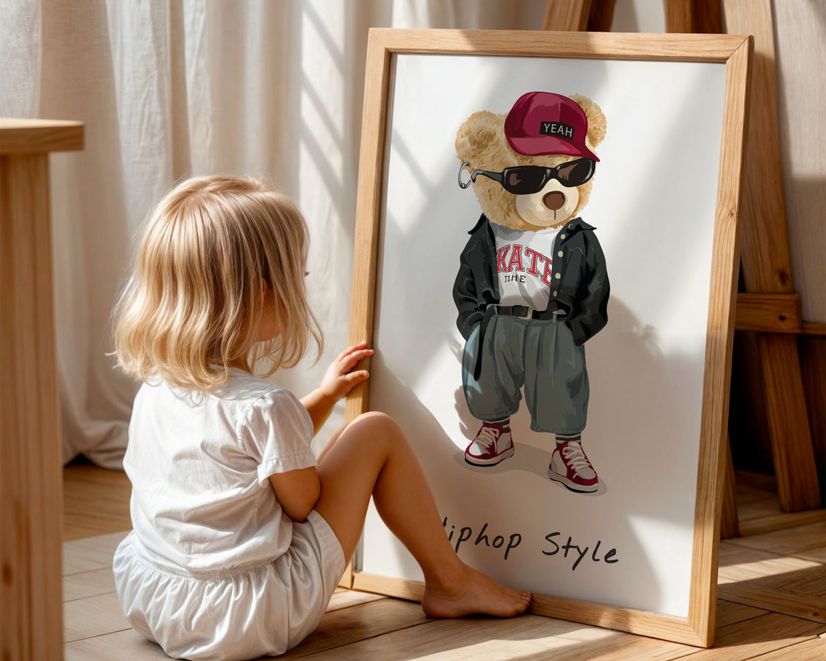 A4 Poster - Cool bear character with sunglasses and baseball cap on nursery wall above changing table