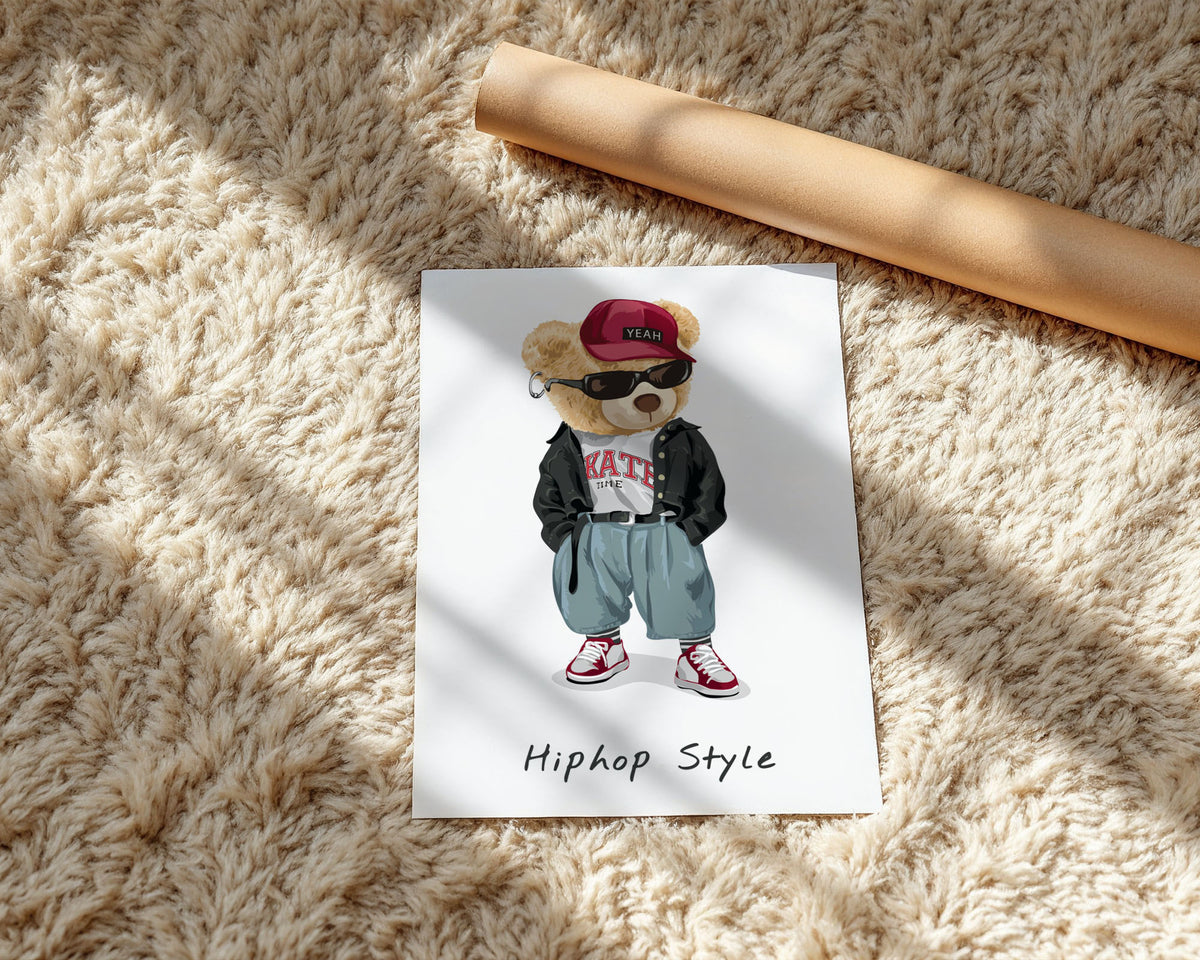 A4 Poster - Hip hop styled teddy bear with graphic tee and trainers on pastel nursery wall