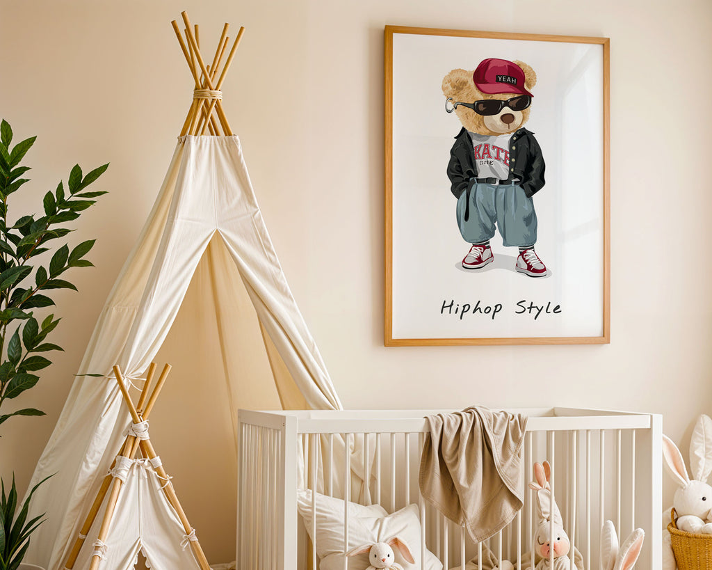 A4 Poster - Framed cool bear print with black frame on neutral bedroom wall beside toy storage