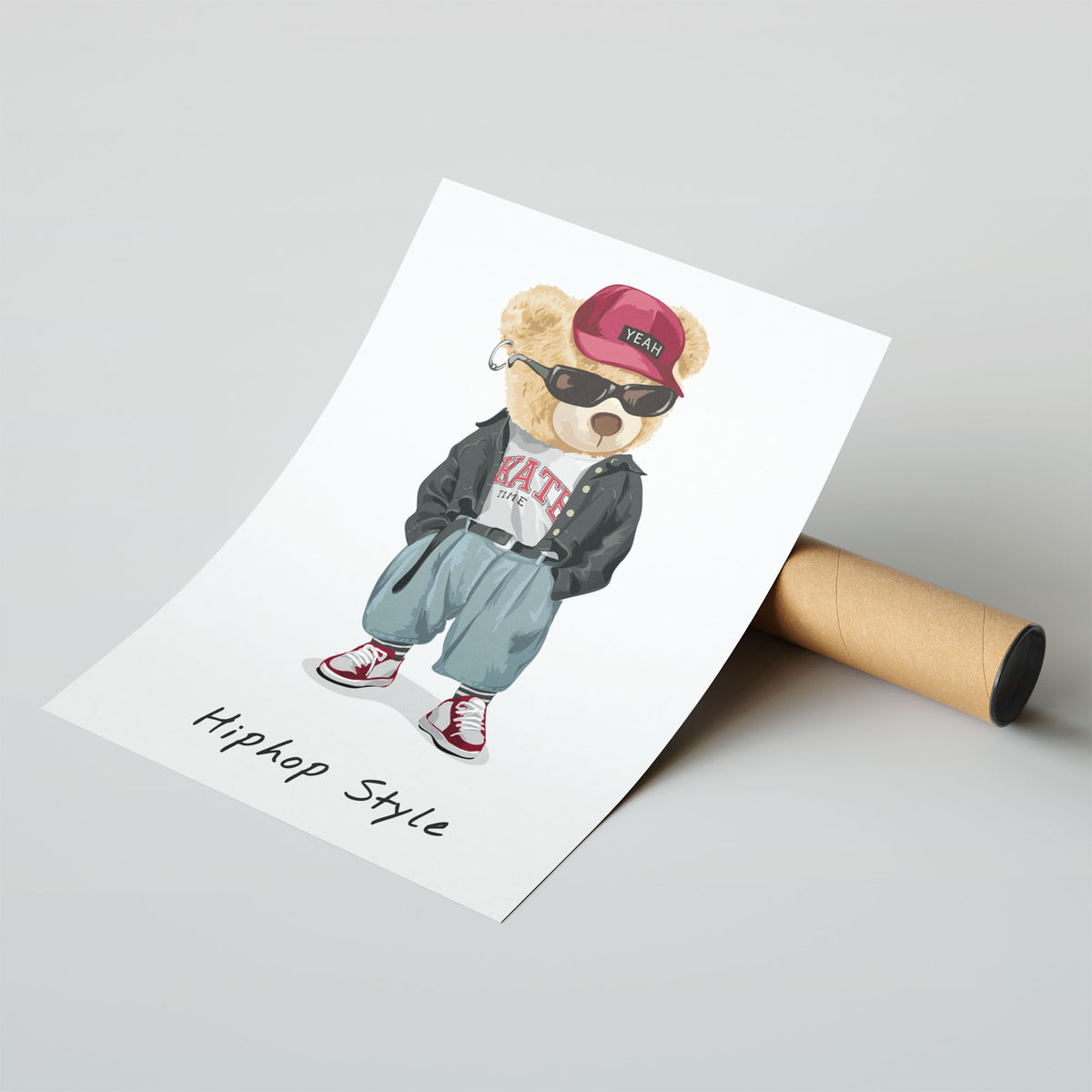 A4 Poster - Unframed hip hop teddy bear art print displayed on white shelf in child's bedroom