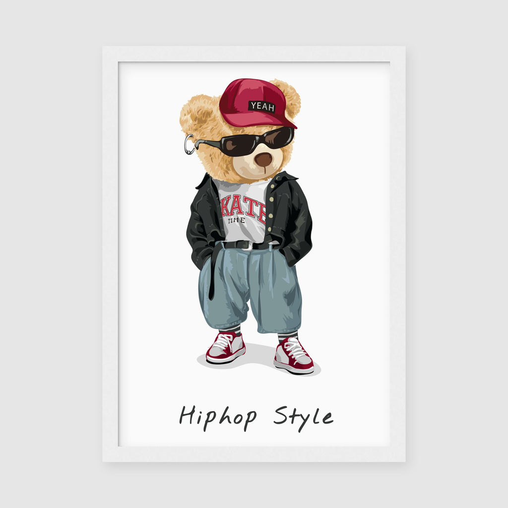 A4 Poster - Hip hop style teddy bear print showing tan fur and burgundy cap detail on matte finish