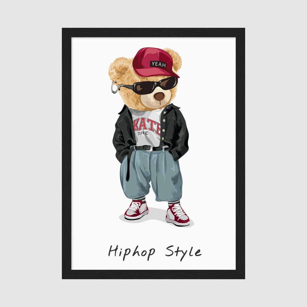 A4 Poster - Street style bear illustration poster leaning against wall in modern nursery setting