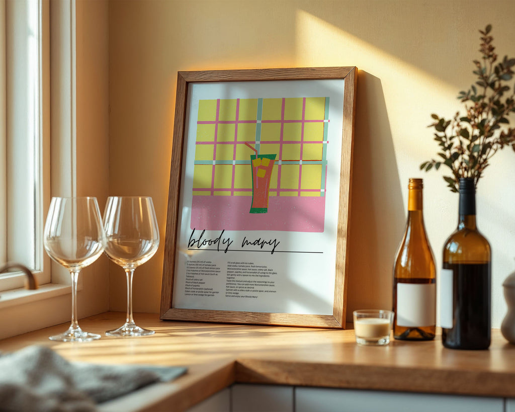 A4 Kitchen Poster - Vibrant Bloody Mary cocktail illustration with pink grid and recipe details
