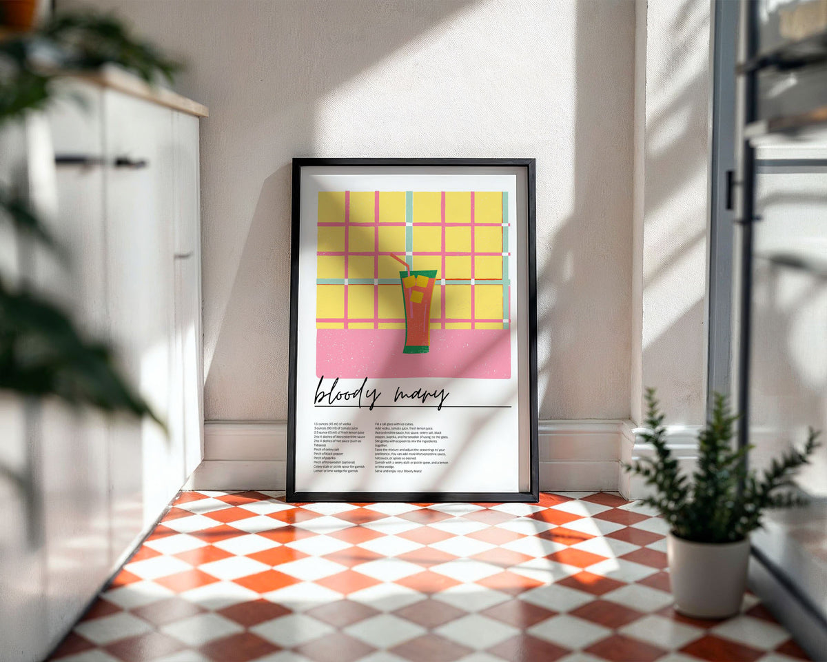 A4 Kitchen Poster - Framed Bloody Mary print showing warm coral drink and yellow grid background