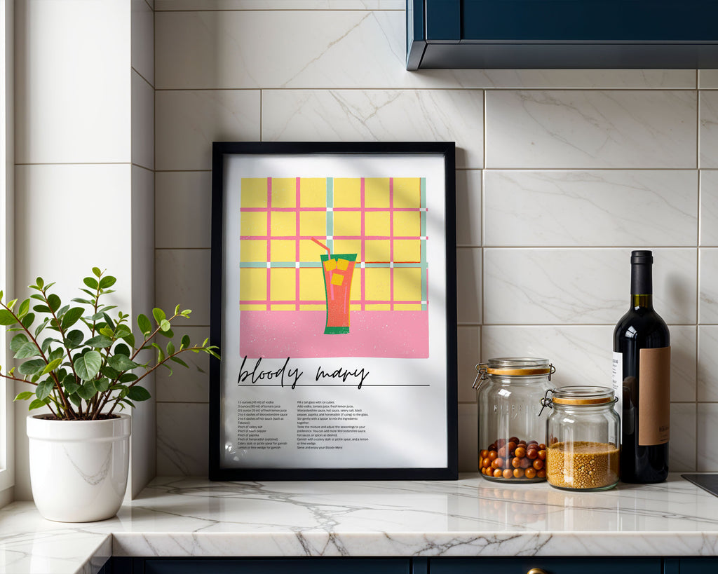 A4 Kitchen Poster - Retro kitchen wall art featuring graphic cocktail design and recipe card