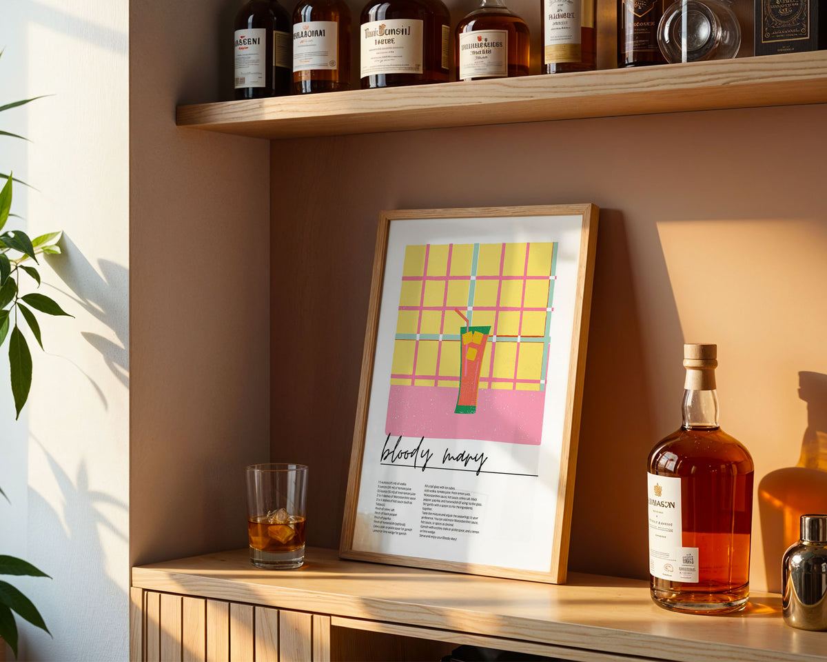 A4 Kitchen Poster - Unframed Bloody Mary print with mid-century modern yellow and pink aesthetics