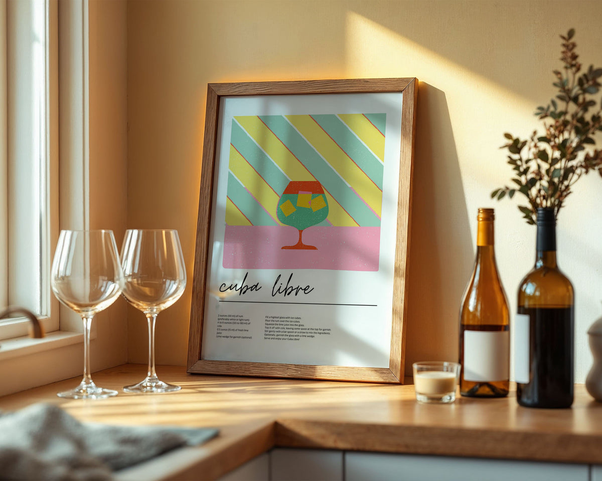 Enhanced Archival Matte A4 Print - Retro Cuba Libre cocktail with lime ice and striped background