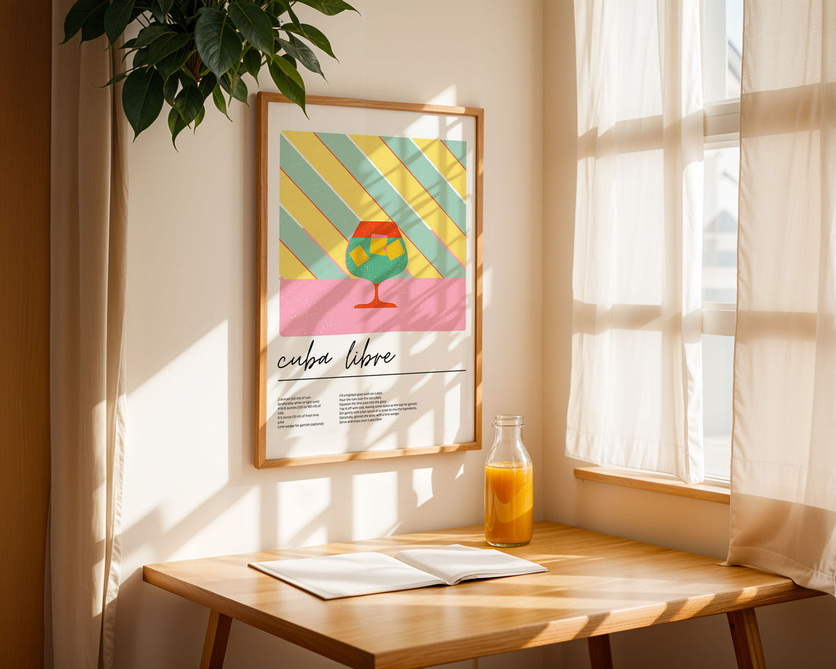 Enhanced Archival Matte A4 Print - Bright yellow and mint striped design with cocktail glass