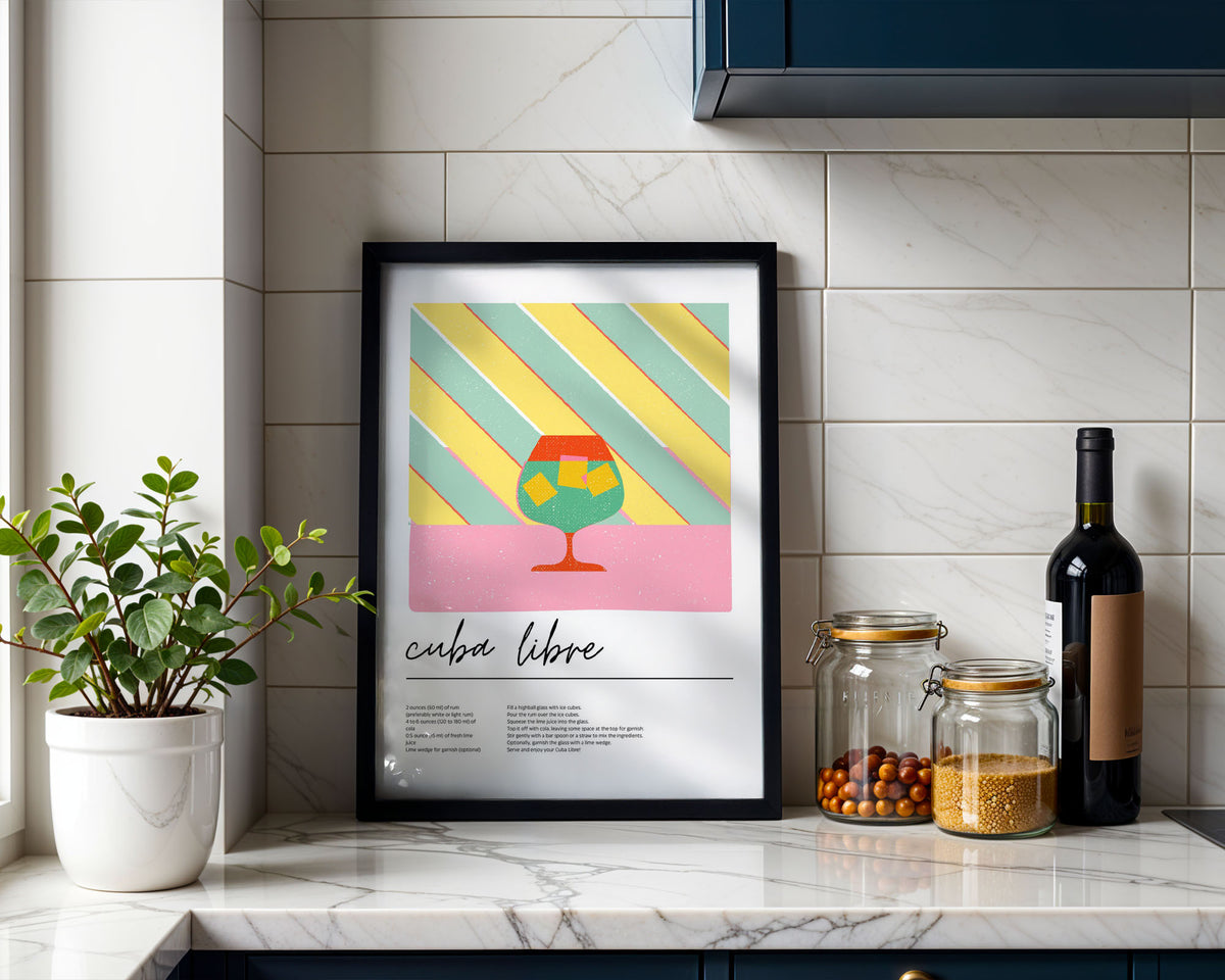 Enhanced Archival Matte A4 Print - White-framed Cuba Libre poster in kitchen setting