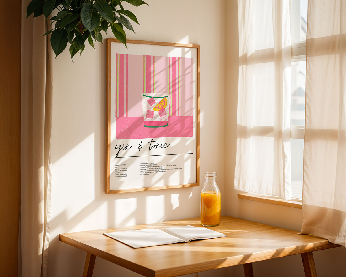 A4 Framed Kitchen Print - Recipe poster featuring stylised cocktail glass with lemon slice