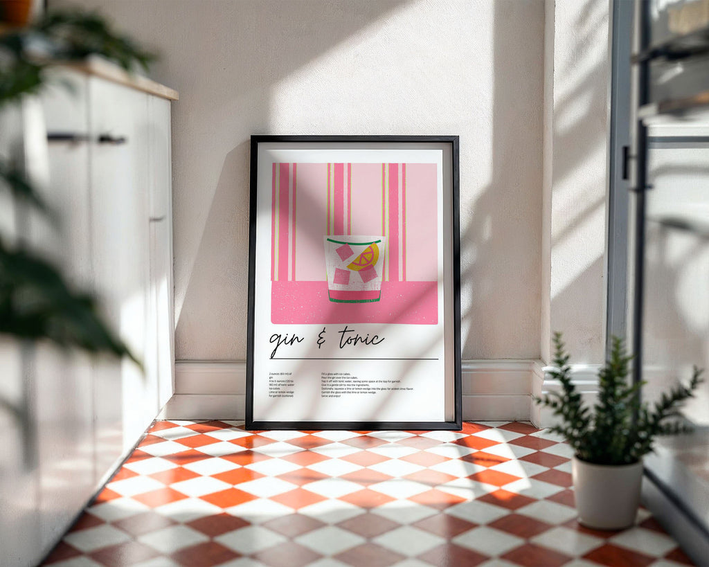 A4 Kitchen Print - Bold pink and gold gin and tonic wall art on cream background