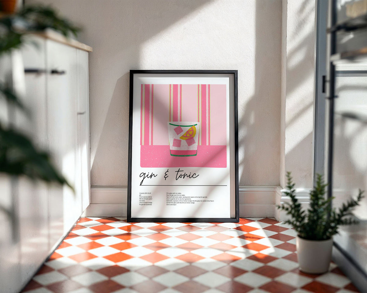 A4 Kitchen Print - Bold pink and gold gin and tonic wall art on cream background